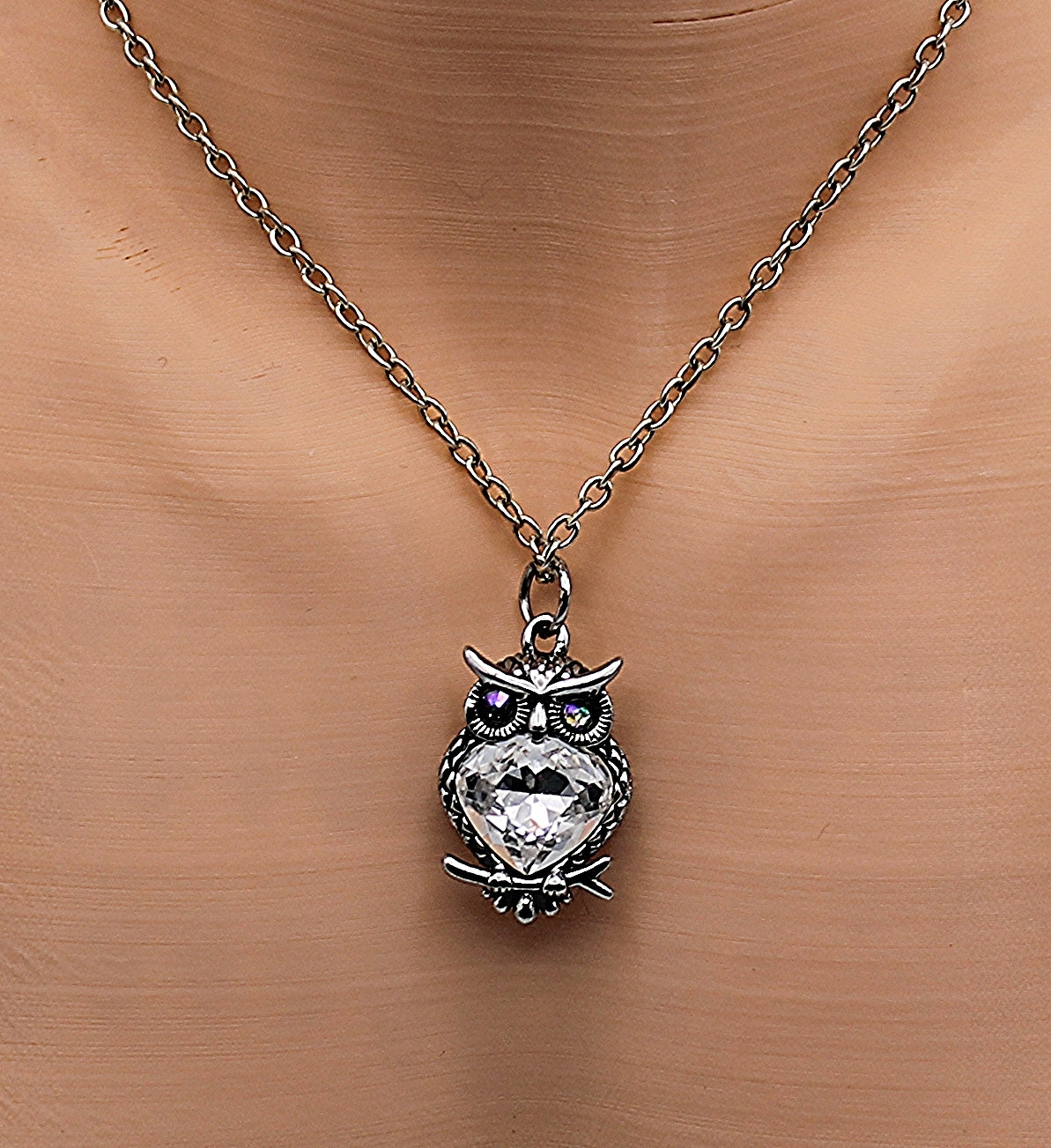 Silver Crystal Owl Necklace