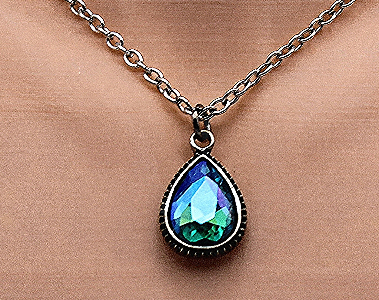Iridescent Blue Stone Zirconia Teardrop Pendant