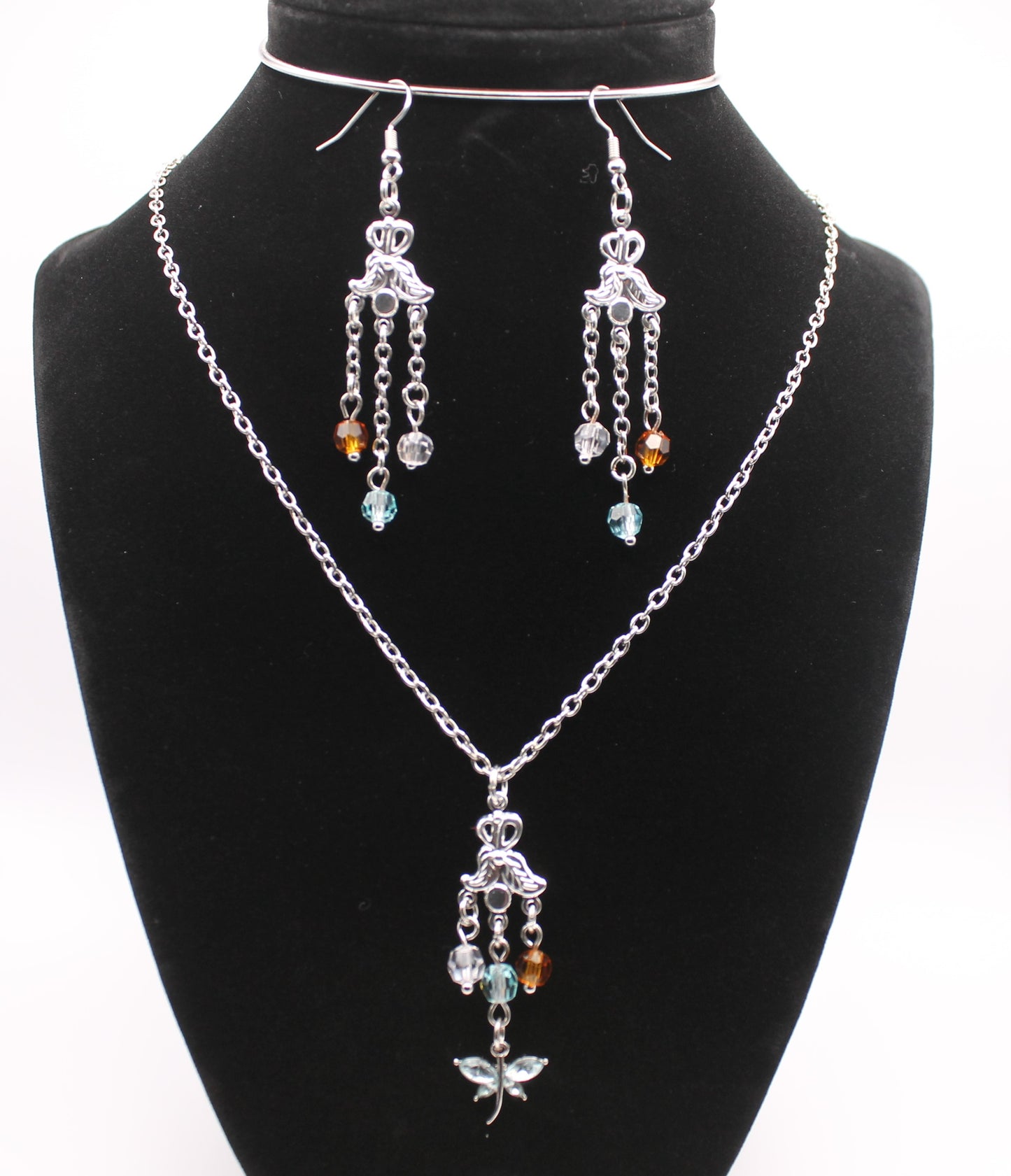 Butterfly Necklace With Crystal Beads and Matching Earring Set
