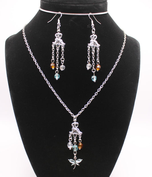 Butterfly Necklace With Crystal Beads and  Matching Earring Set