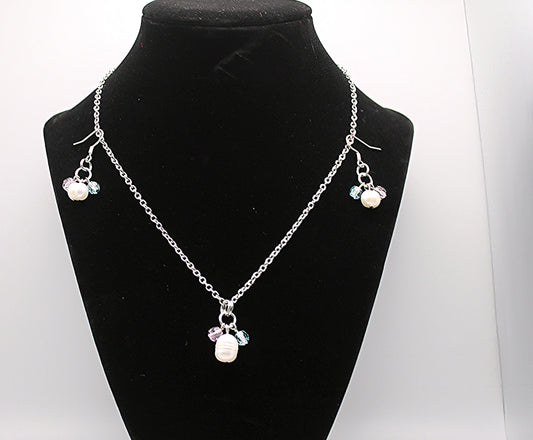 Fresh Water Pearl W/Blue And Pink Crystal Beads and Matching Earring Set